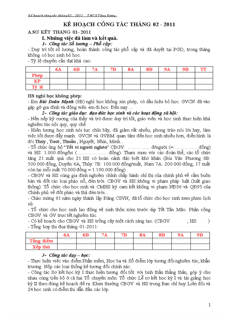 Kế hoạch công tác tháng 02 2011