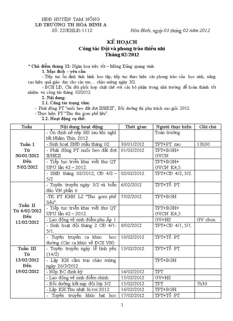 Kế hoạch công tác đội tháng 2