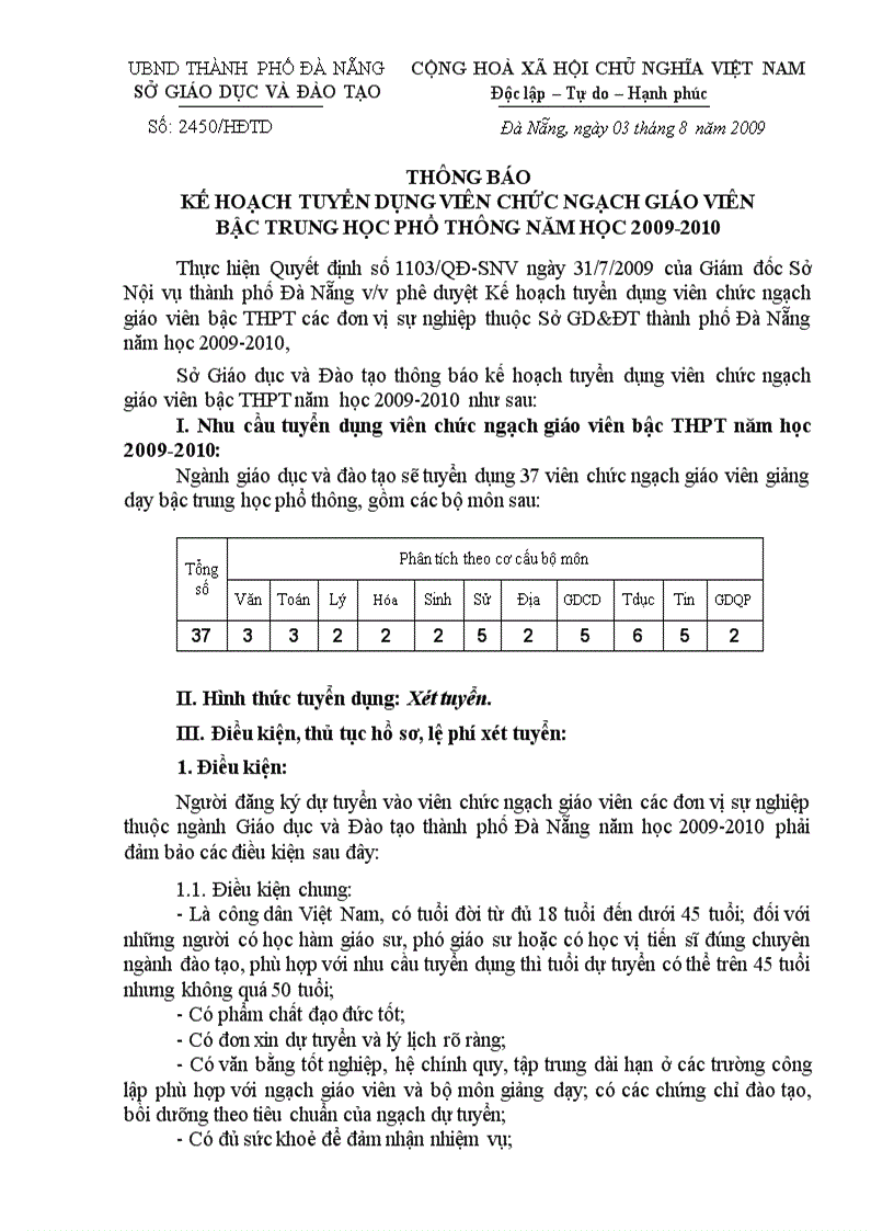 Kế hoạch tuyển dụng viên chức ngạch giáo viên bậc trung học phổ thông năm 2009 2010