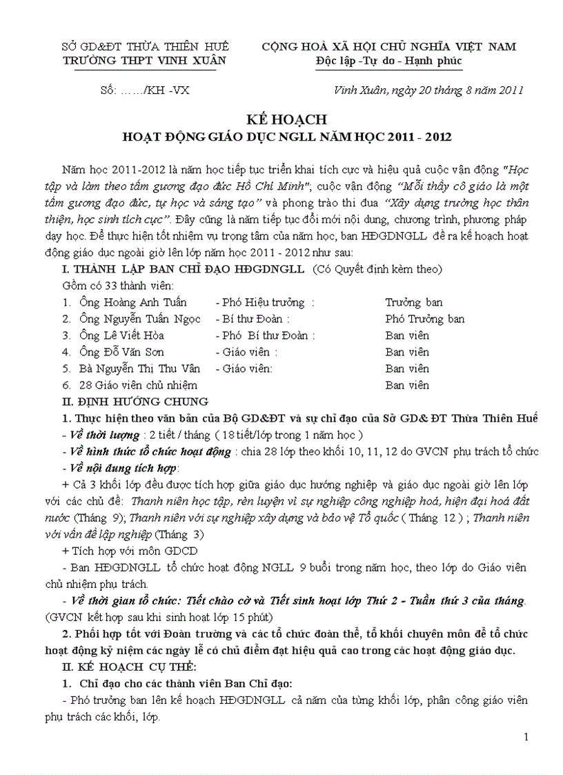 Kế hoạch Hoạt động GD NGLL năm học 2011 2012