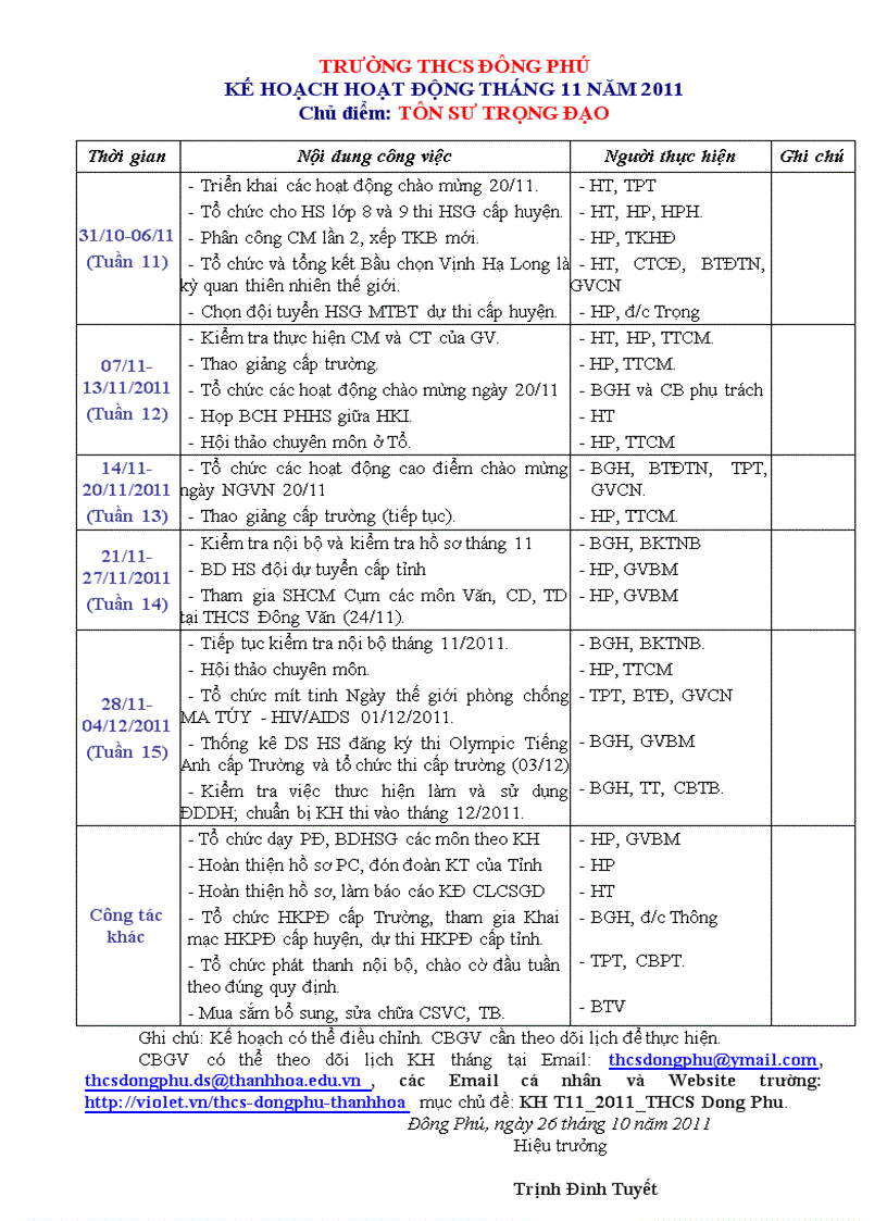 Kế hoạch công tác tháng 11 năm 2011 thcs đông phú