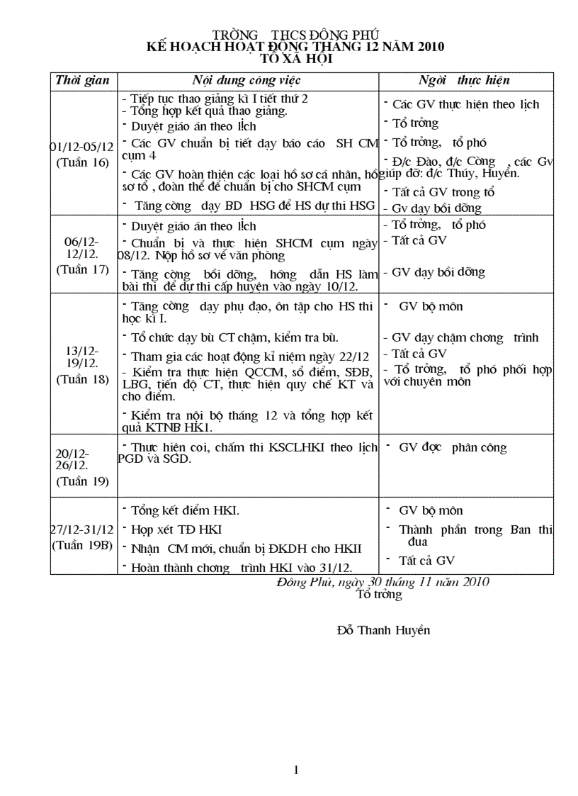 Kế hoạch tháng 12 Tổ Xã hội