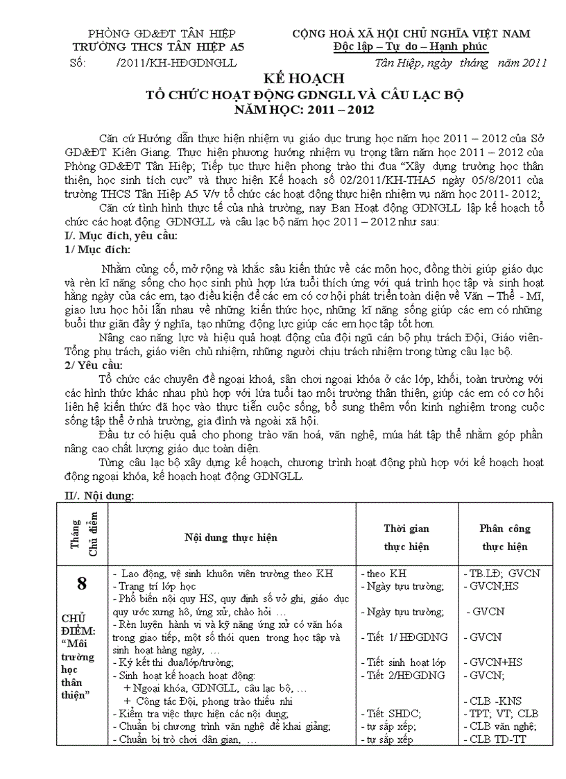 Kế hoạch hoạt động GDNGLL năm học 2011 2012