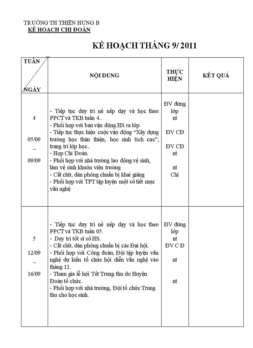 Kế hoạch đoàn tháng 9 2011