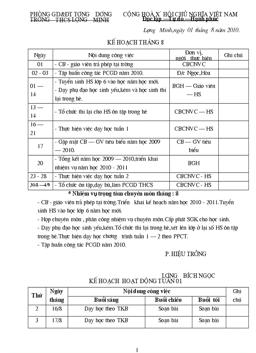 Kế hoạch tháng Tuần