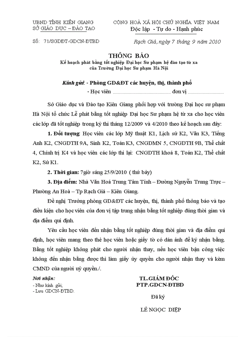 Kế hoạch phát bằng từ xa năm 2010
