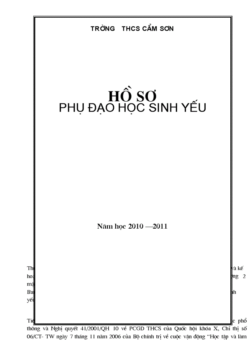 Kế hoach phụ đạo hs yếu năm học 2010 2011