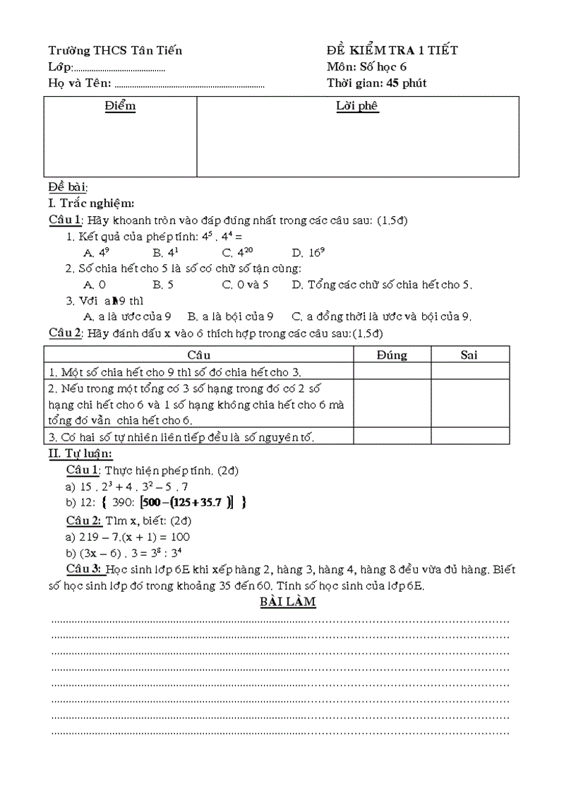 Kiểm tra số học 6 tuần 14