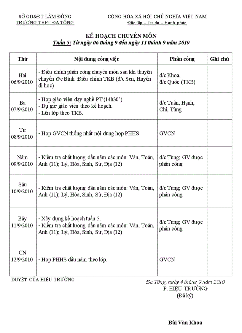 Kế hoạch Hiệu phó chuyên môn tuần 5