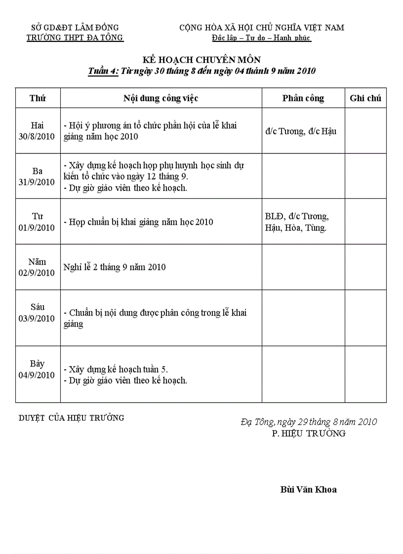 Kế hoạch P hiệu trưởng chuyên môn tuần 4