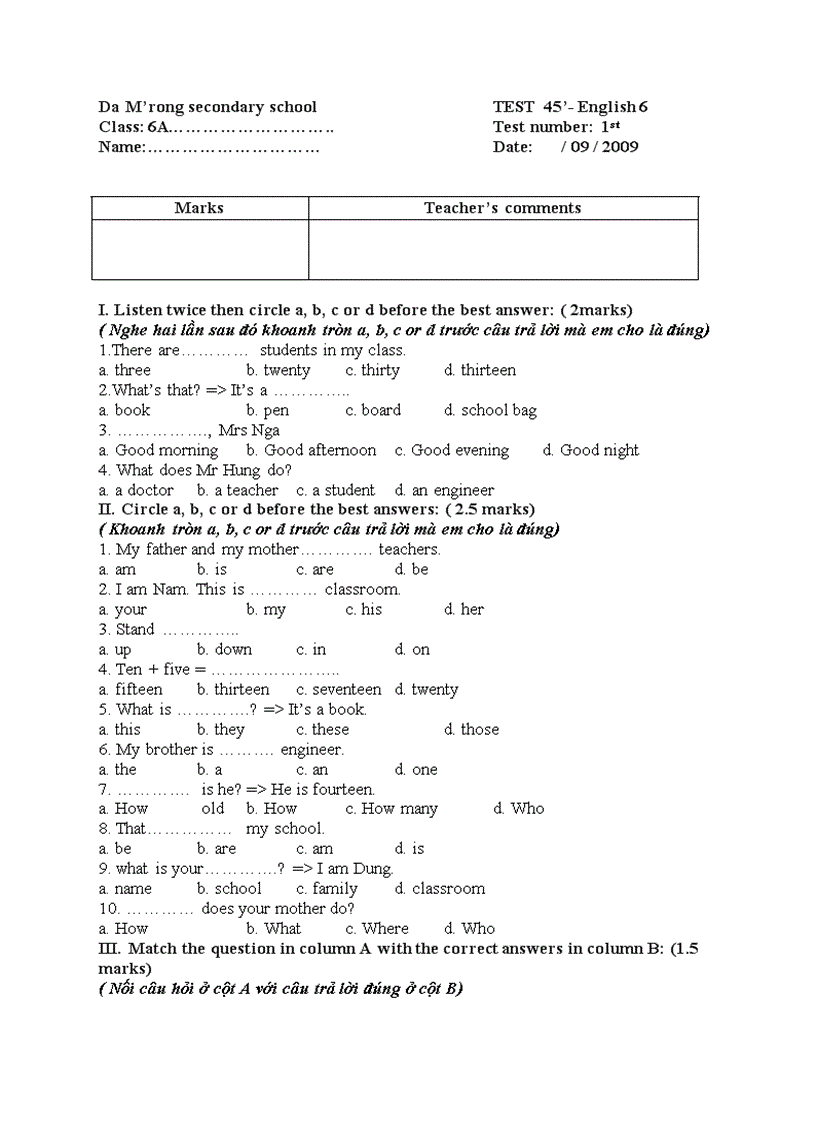 Kiểm tra 45 tiếng anh 6