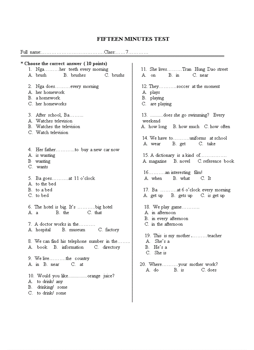 Kiem tra 15 tieng anh 7