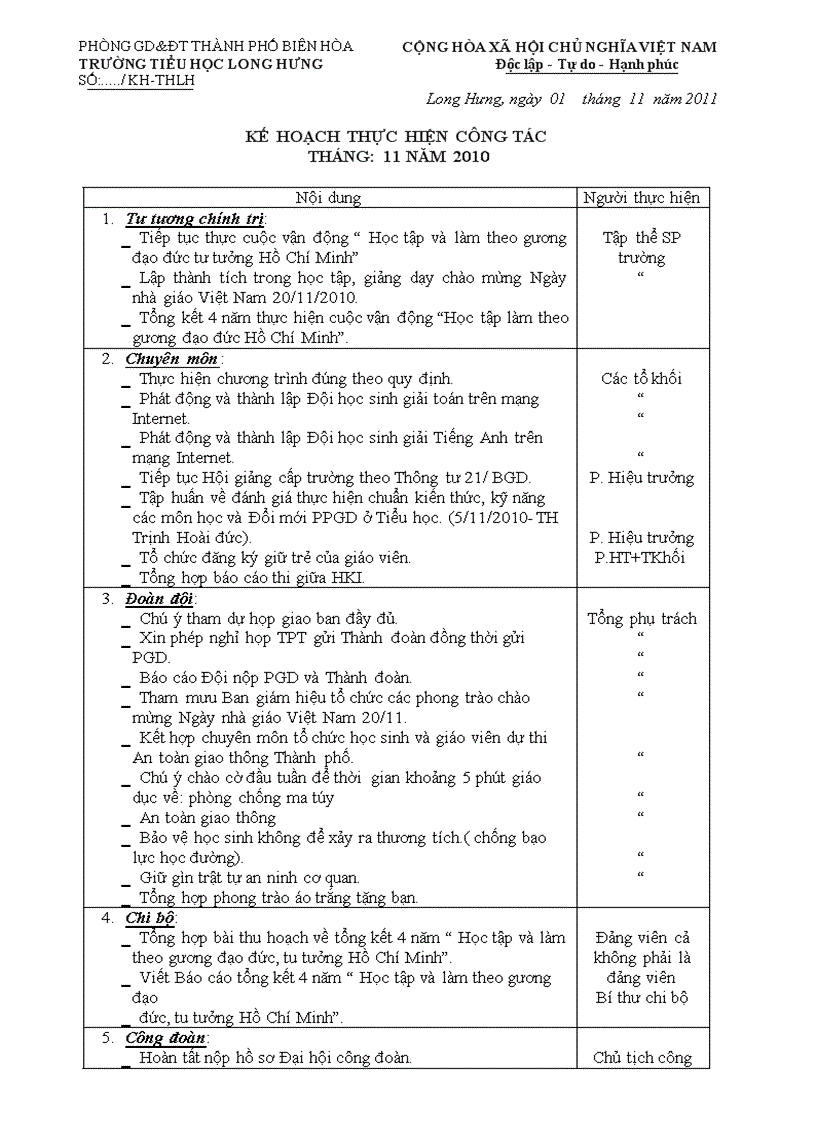 Kế hoạch thực hiện tháng 11 năm 2010