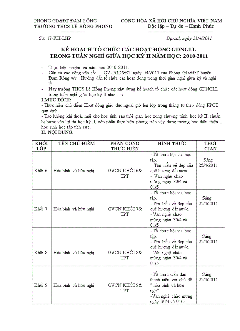 Kế hoạch tổ chức h đ gdngll trong tuần nghỉ giữa học kỳ 2 năm học 2010 2011