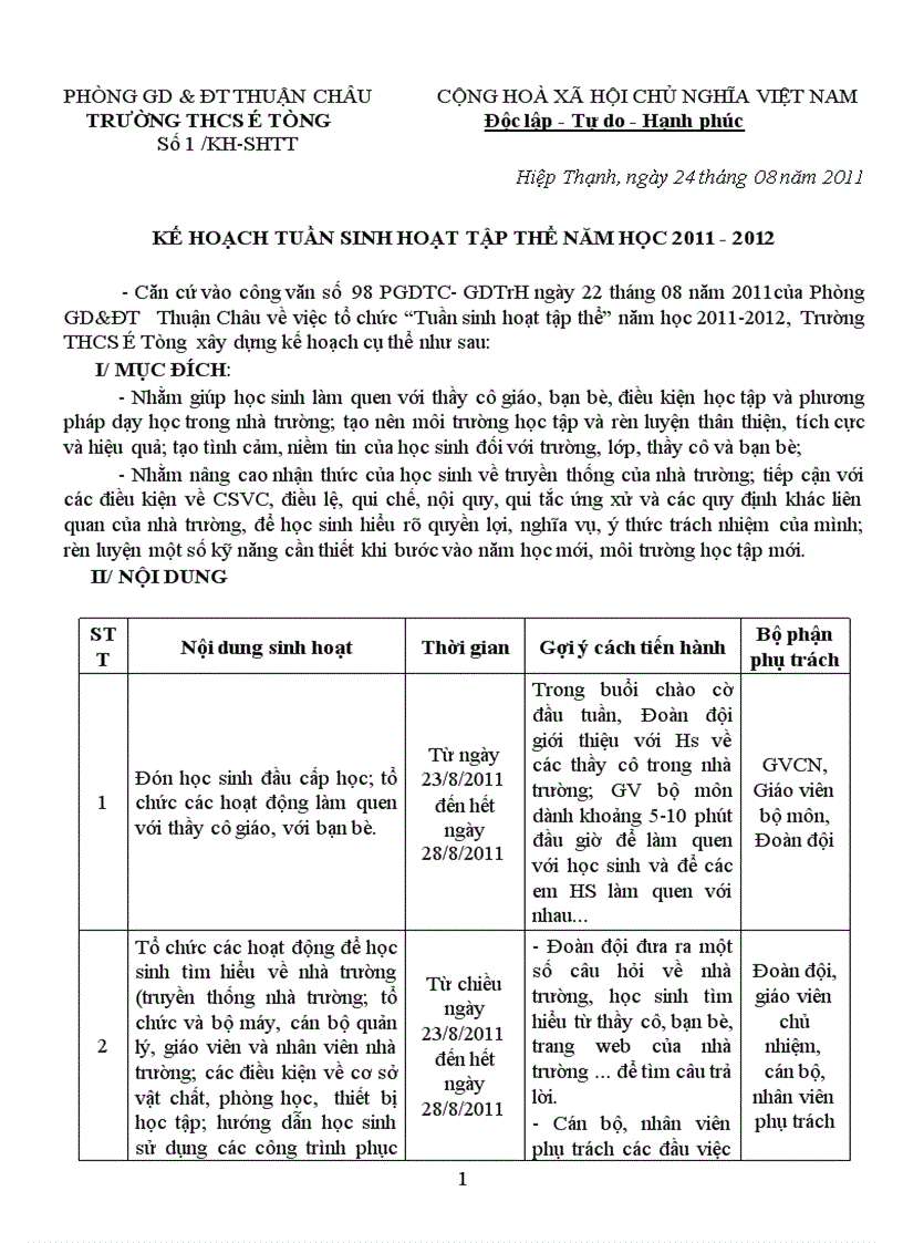 Kế hoạch tuần sinh hoạt tập thể 2011