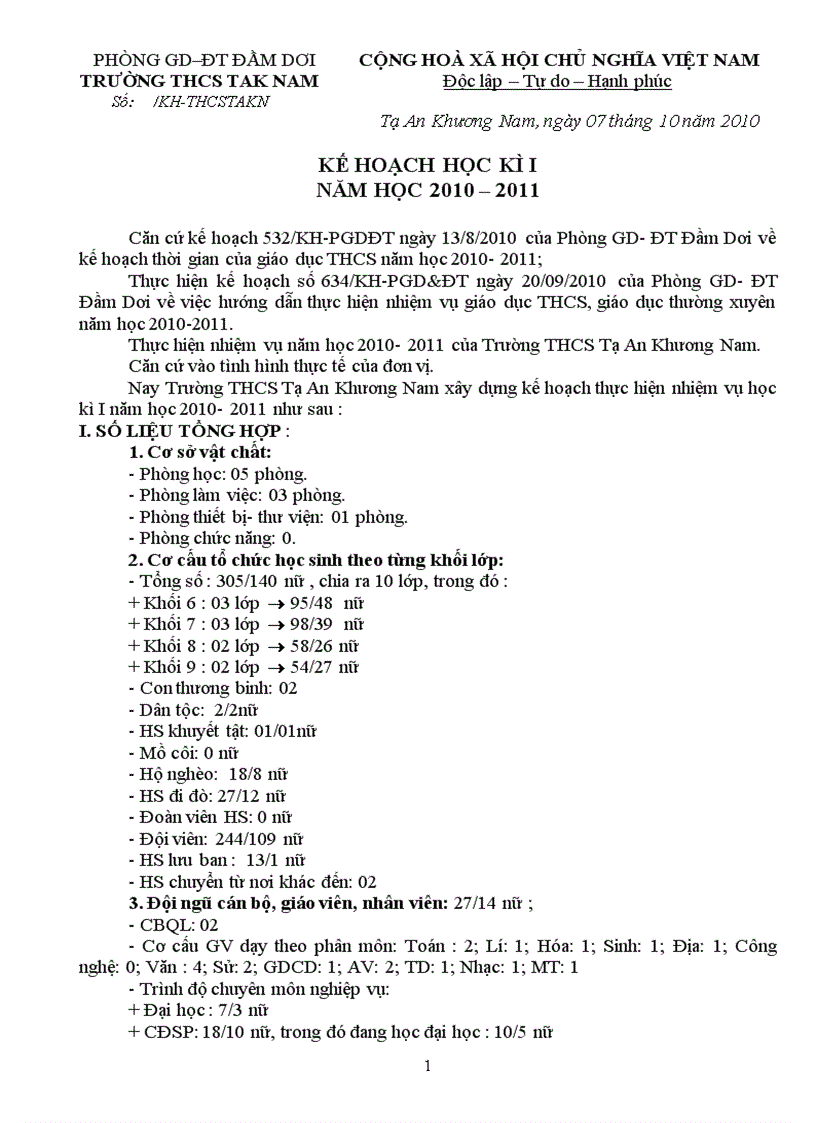 Kế hoạch Học kì I năm học 2011 2012