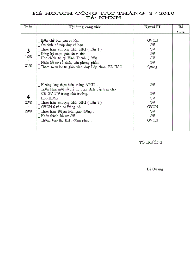 Kế hoạch tổ KHXH tháng 8