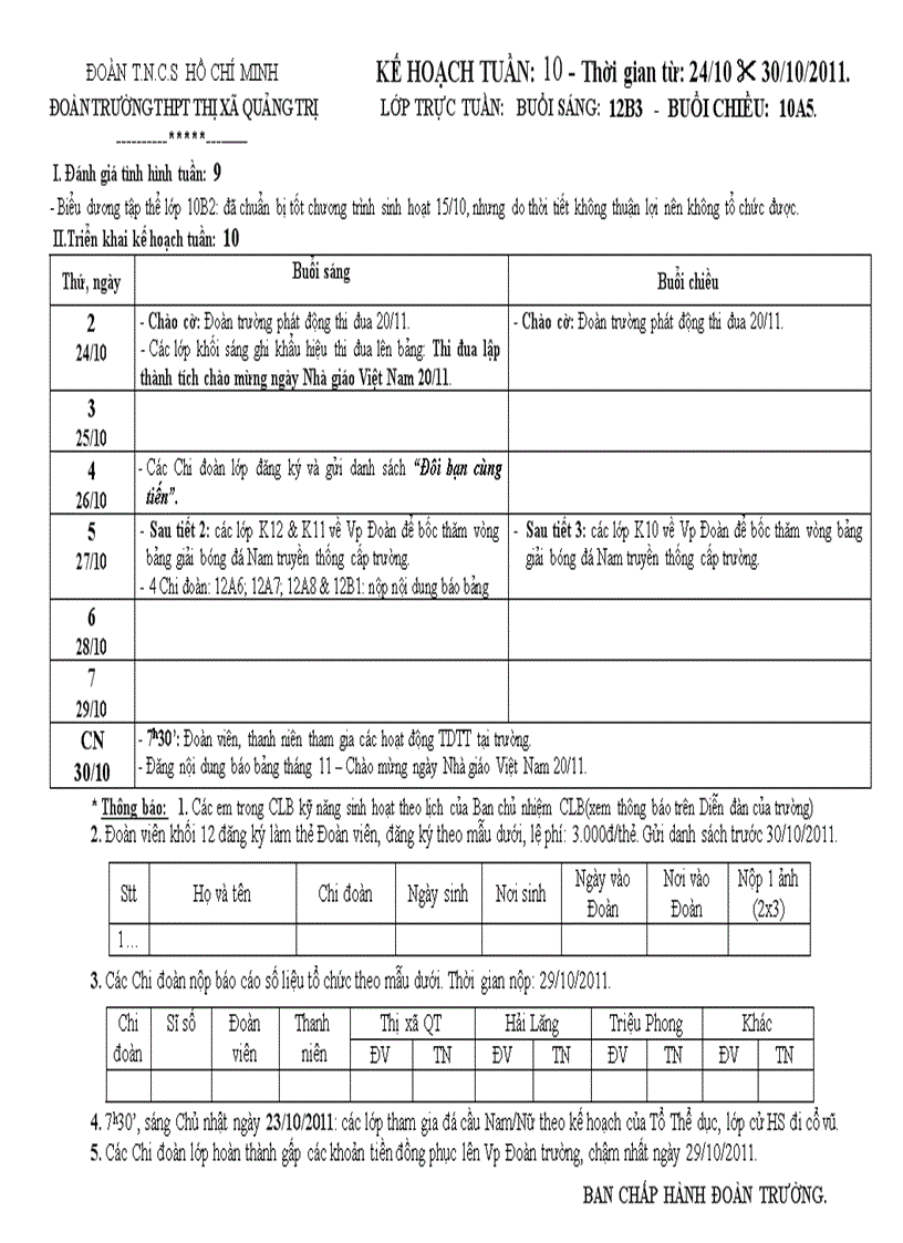 Kế hoạch tuần 10