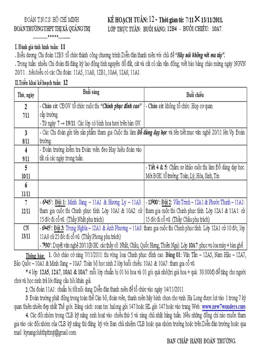 Kế hoạch tuần 12