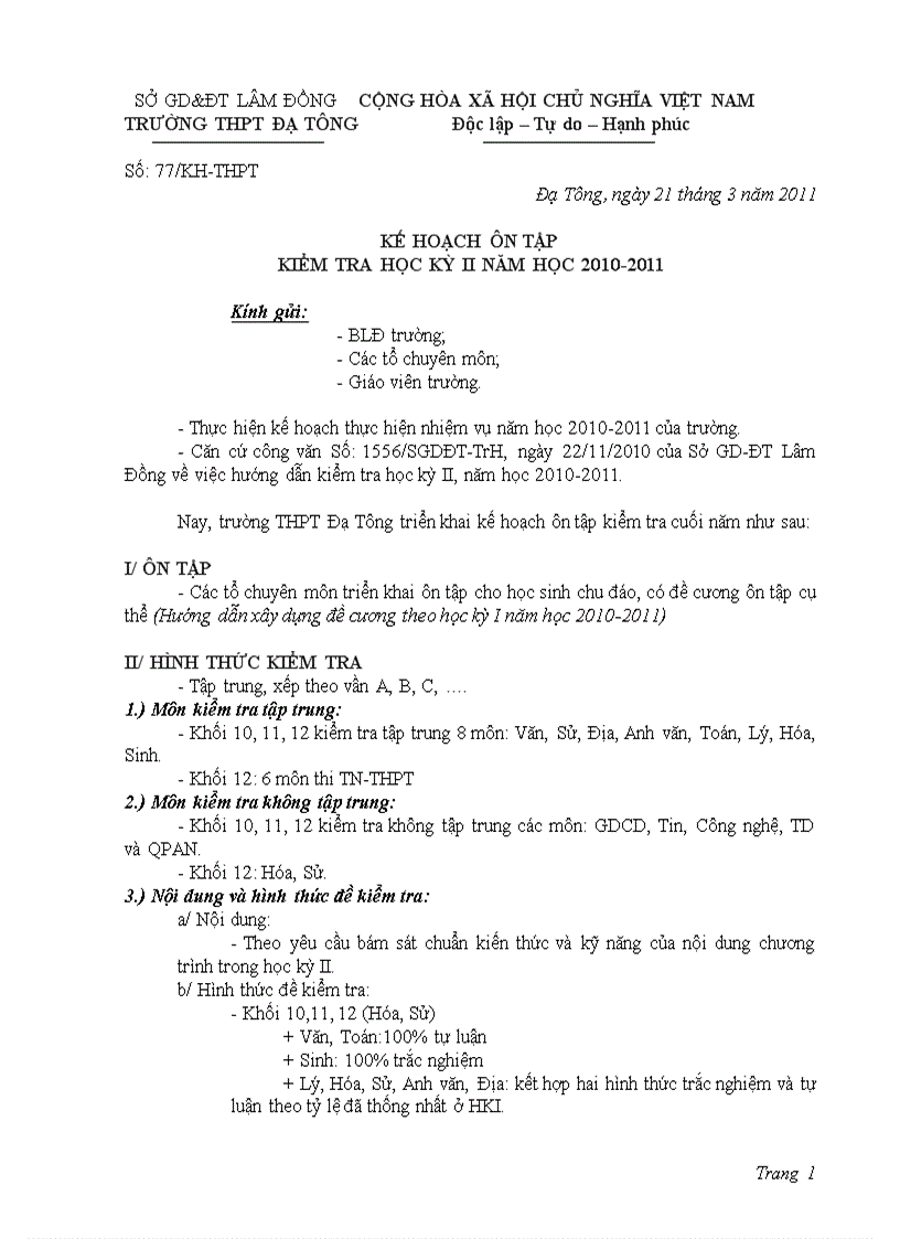 Kế hoạch ôn tập kiểm tra học kỳ II năm 2010 2011