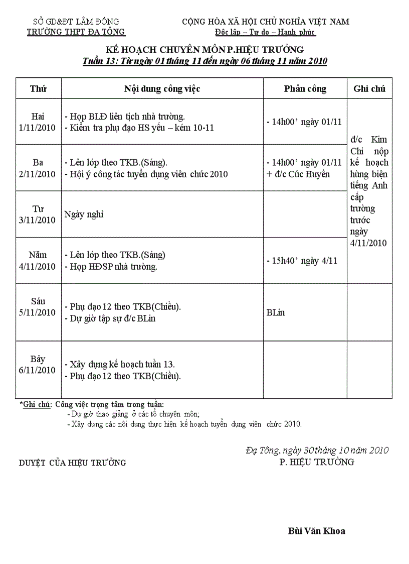 Kế hoạch P hiệu trưởng chuyên môn tuần 13