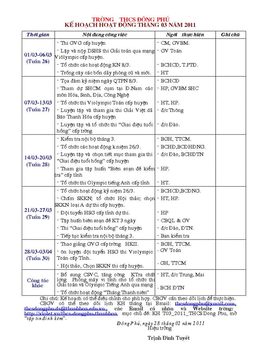 Kế hoạch hoạt động tháng 03 năm 2011 thcs đông phú