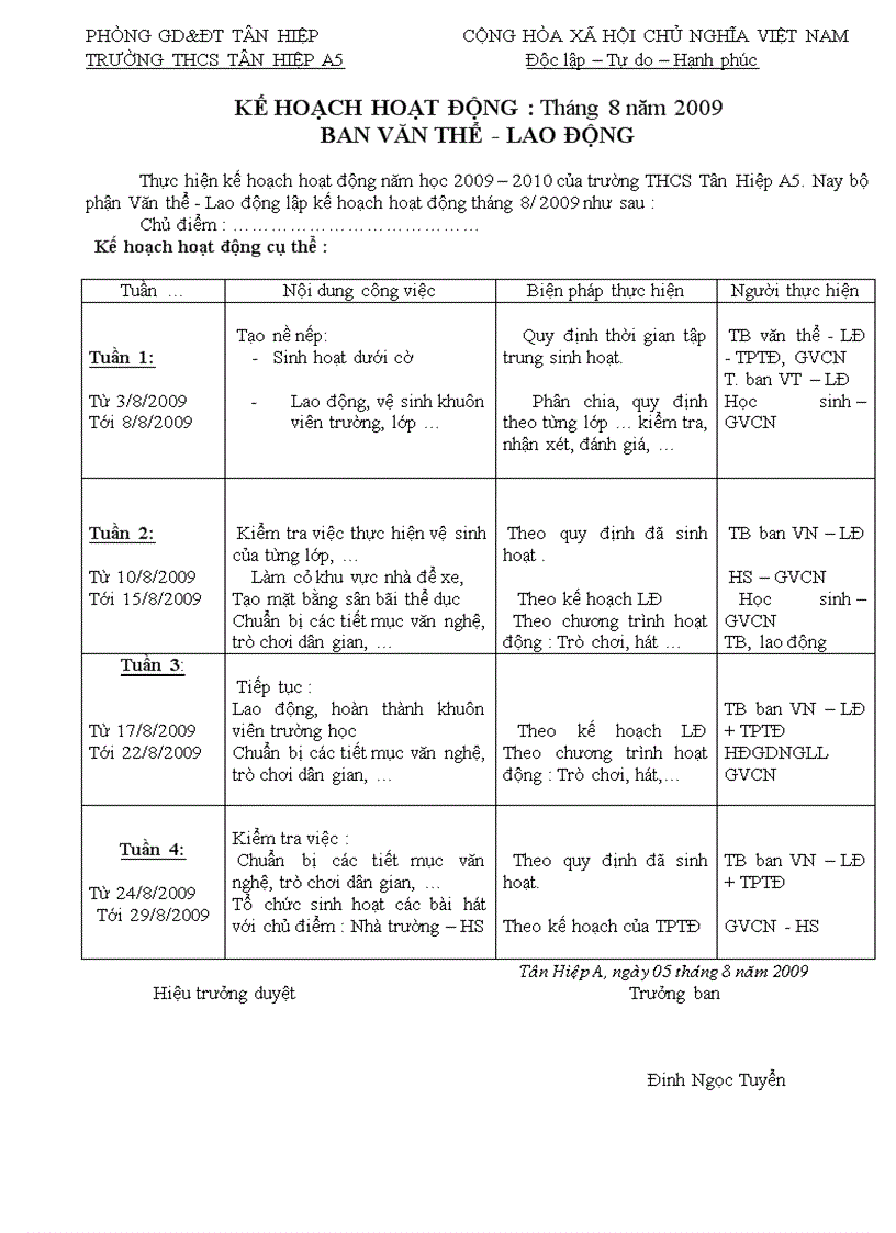 Kế hoạch hoạt động của Ban Văn thể tham khảo
