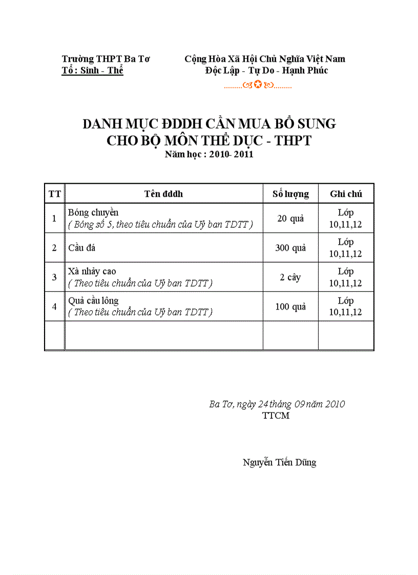 Kh mua bổ sung dddh môn td