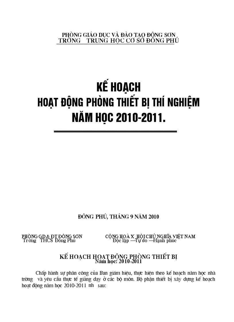 Kế hoạch hoạt động phòng thiết bị thí nnghiệm