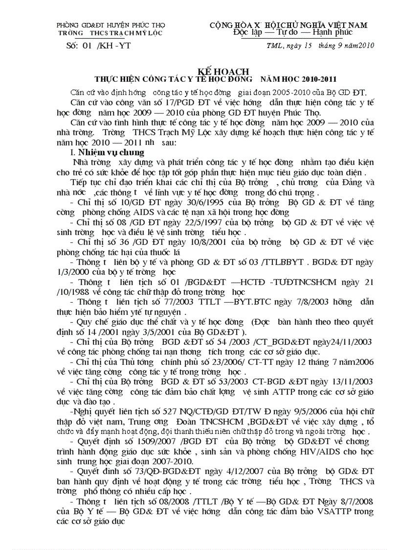 KH cong tac y te hoc duong nam hoc 2010 2011