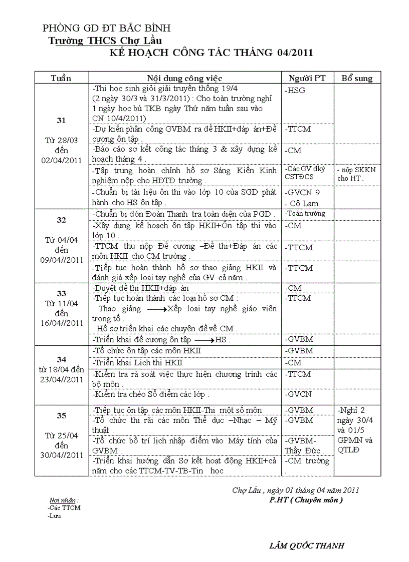 Kế hoạch CM tháng 4