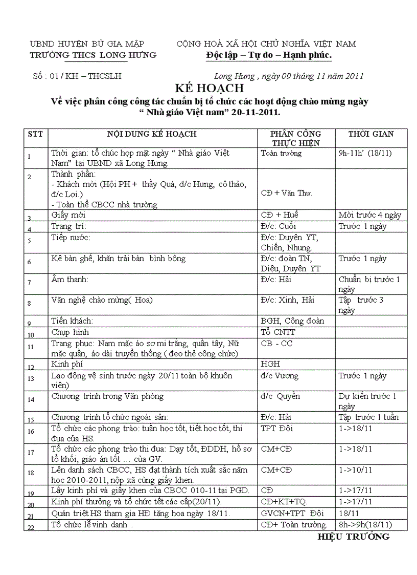 Kế hoach tổ chức 20 11HT