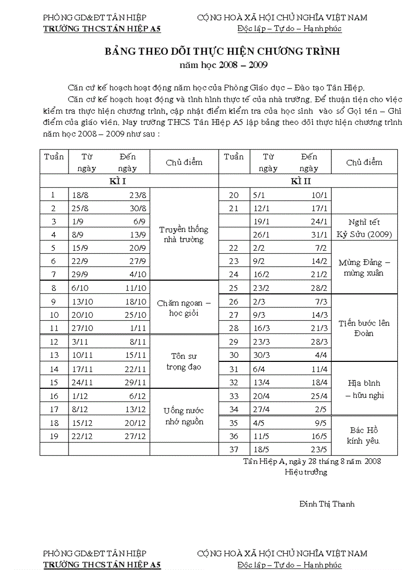 Kế hoạch thời gian thực hiện năm học 2010 2011