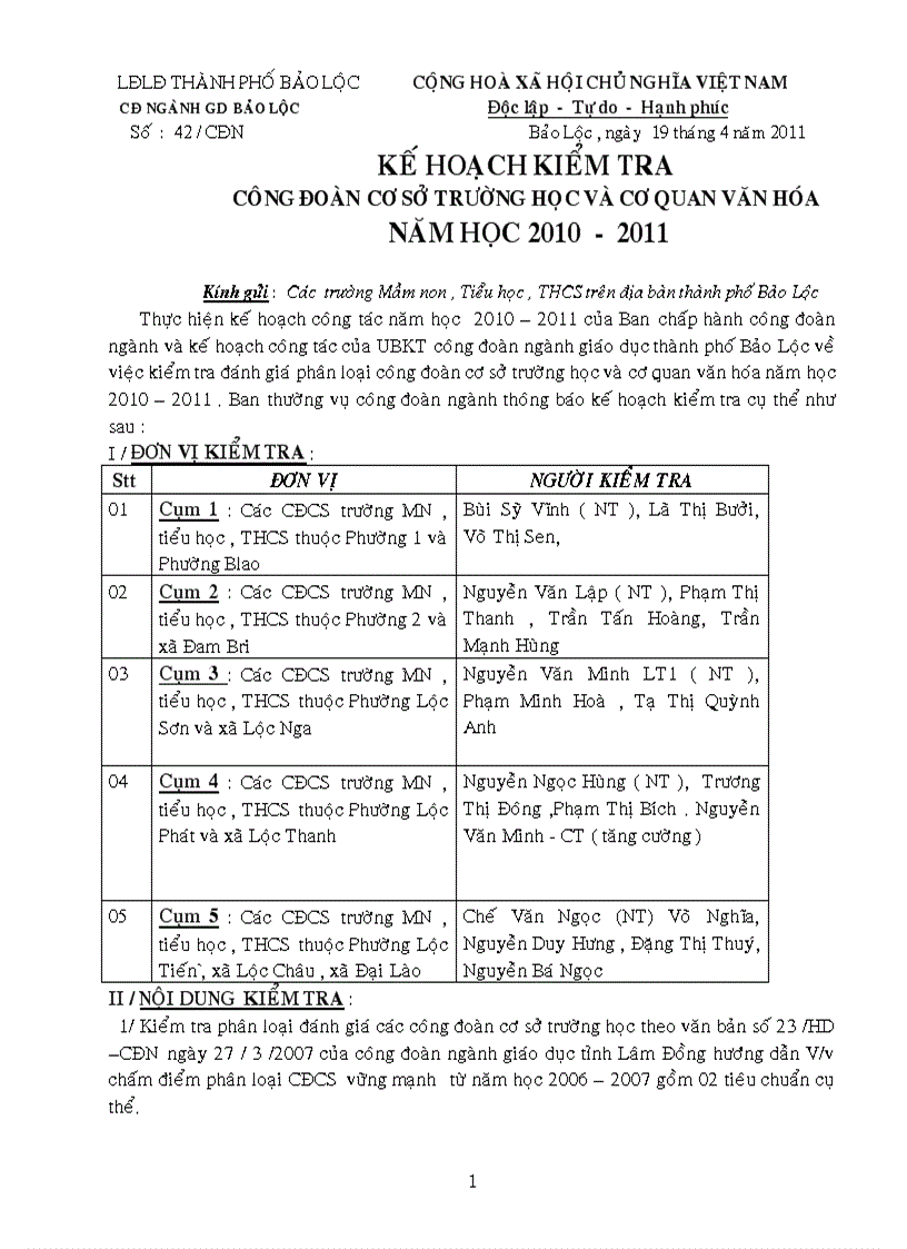 KH kiểm tra CĐCS và CQVH năm học 2010 2011