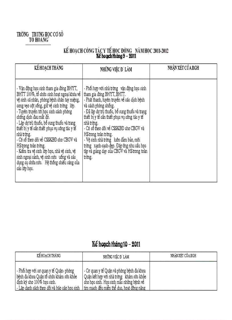 Kế hoạch hàng tháng y tế học đường 2011 2012