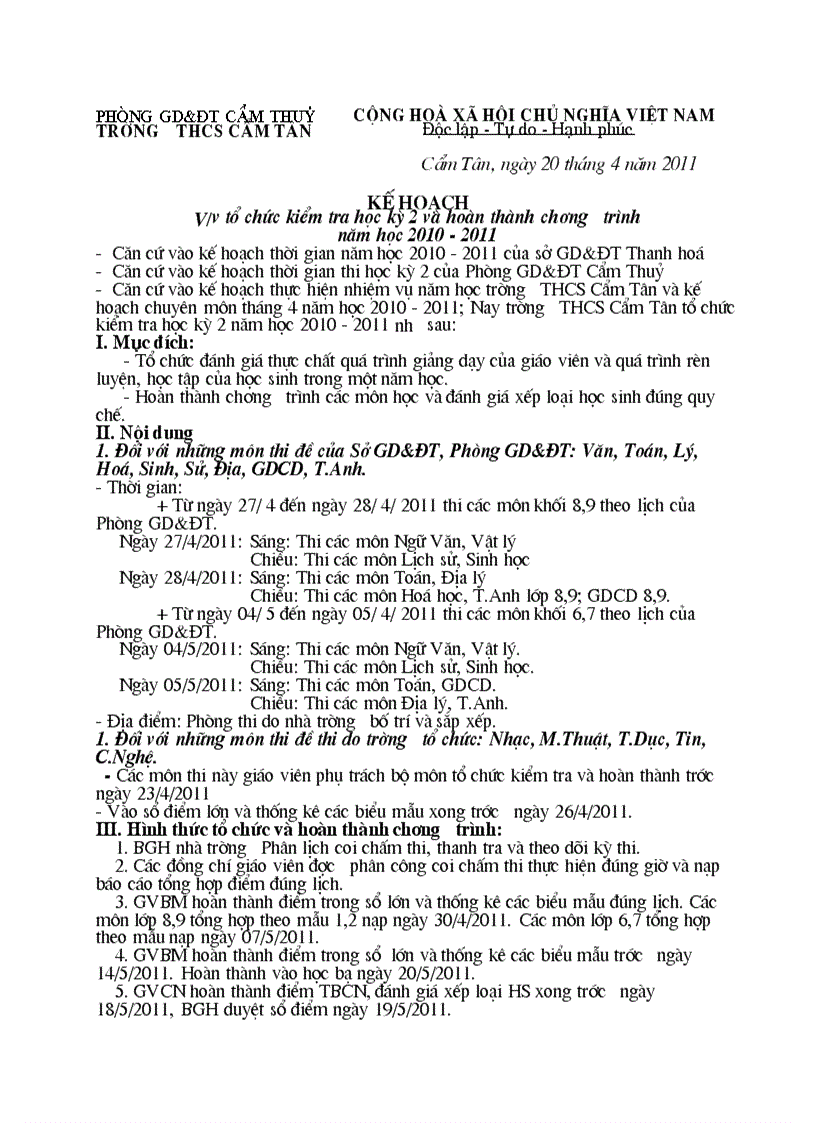 Kế hoạch tổ chức thi học kỳ II hoàn thành chương trinh năm học 2010 2011