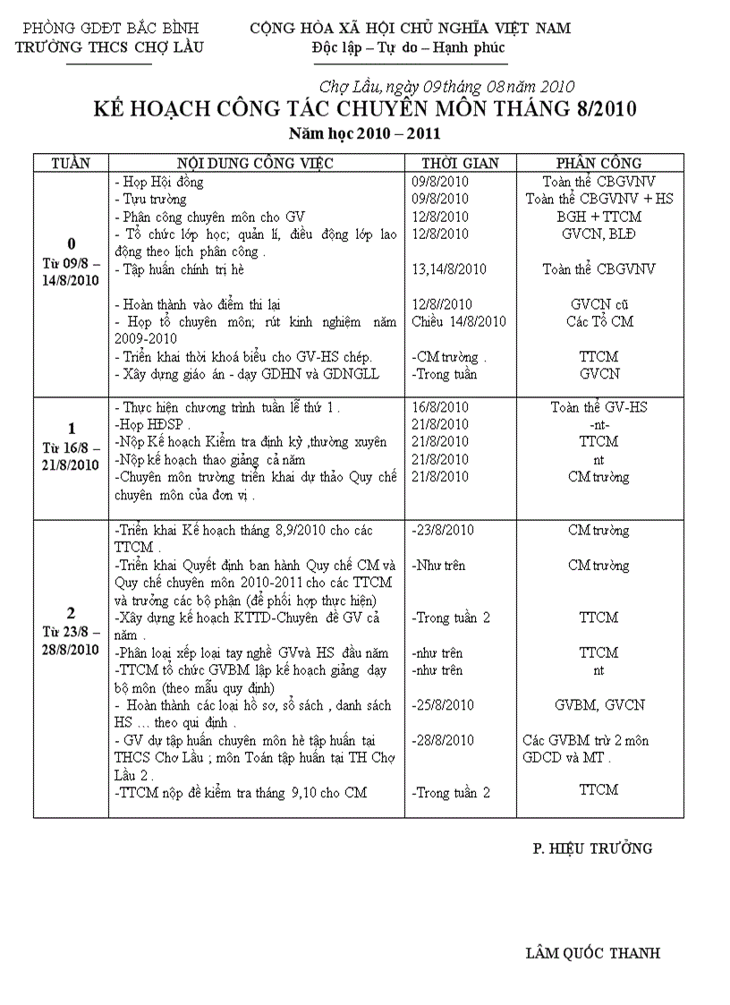 Kế hoạch CM tháng 8