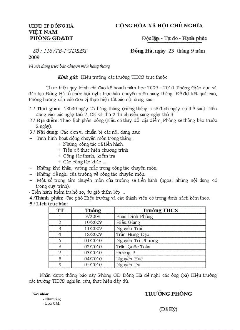 KH trực báo CM cấp THCS