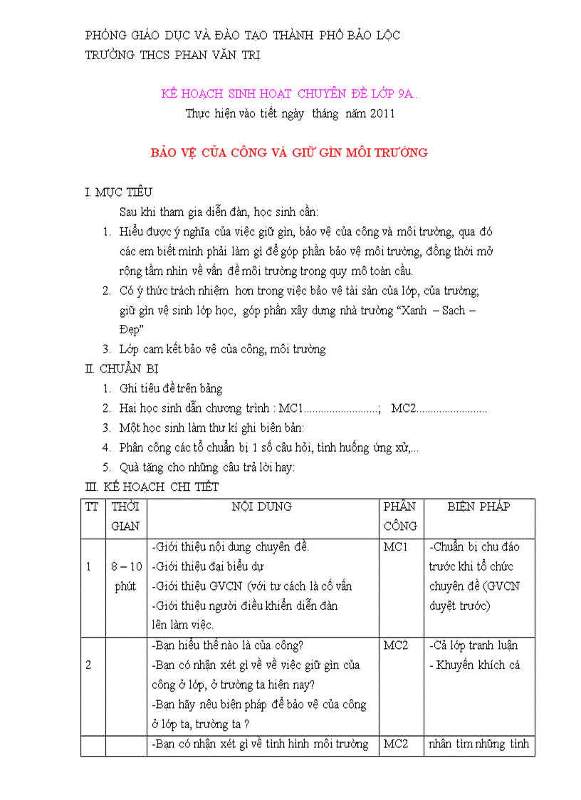 Kế hoạch tổ chức shl chuyên đề