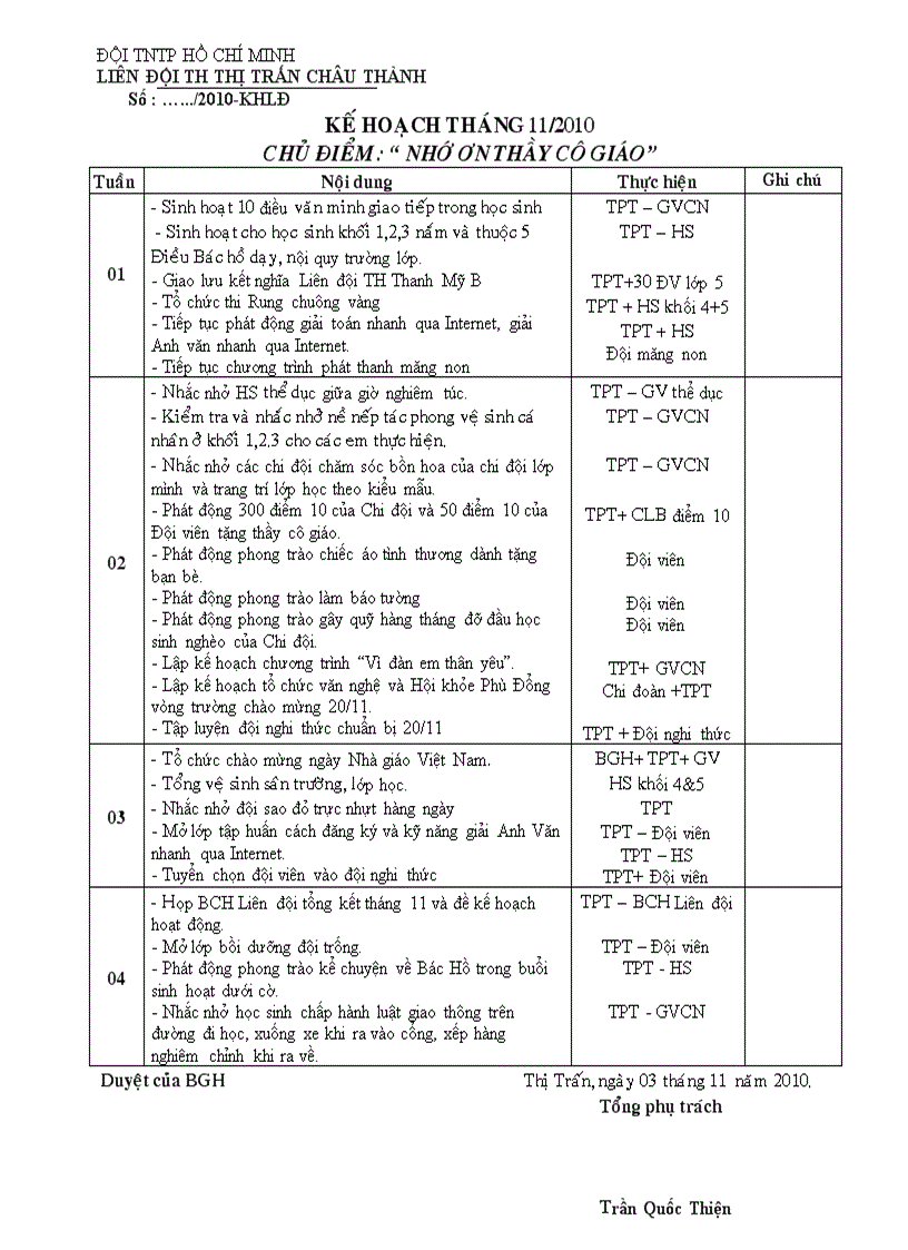 Kế hoạch hoạt động tháng 11