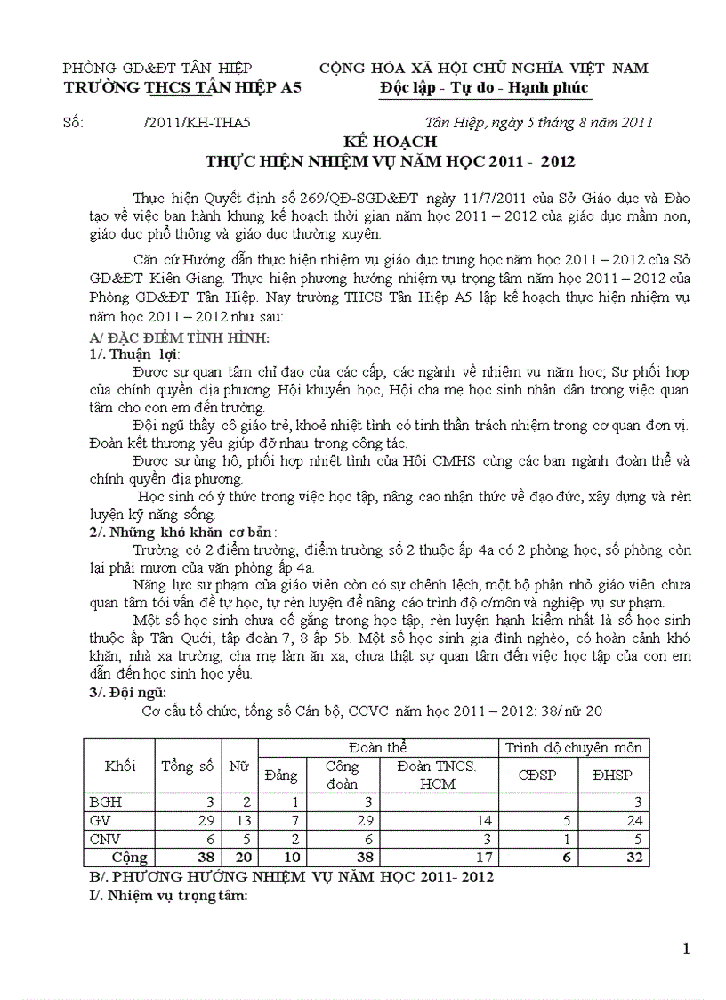 Kế hoạch thực hiện nhiệm vụ năm học 2011 2012