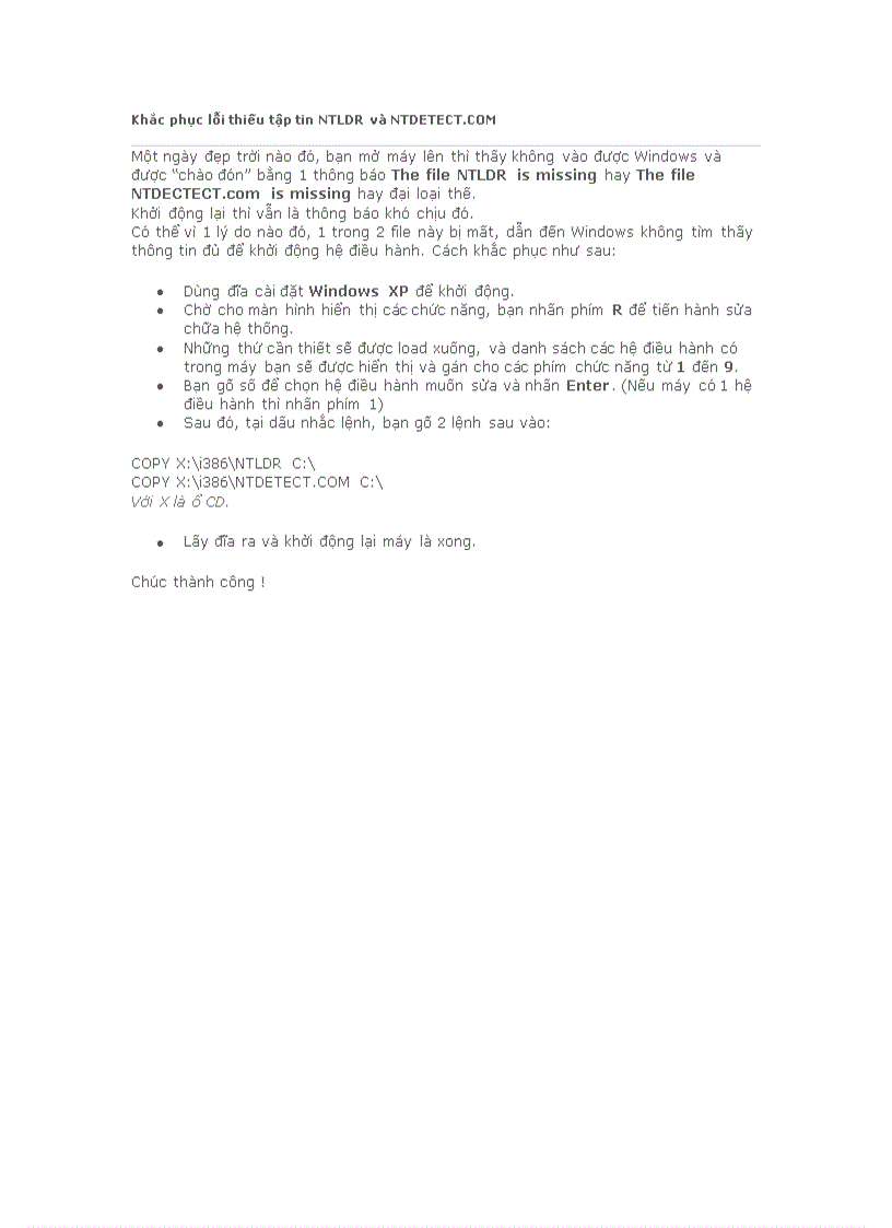 Khắc phục lỗi thiếu tập tin NTLDR và NTDETECT