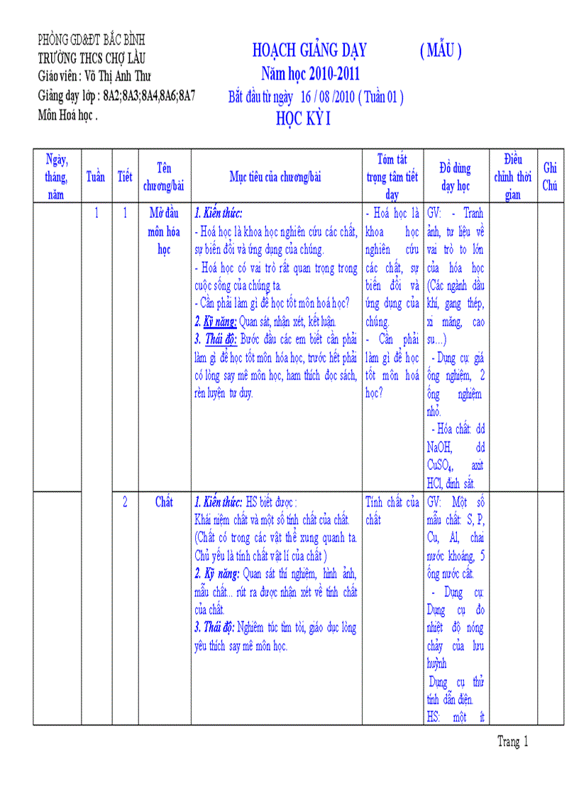 Kế hoạch giảng dạy hóa 8 mới