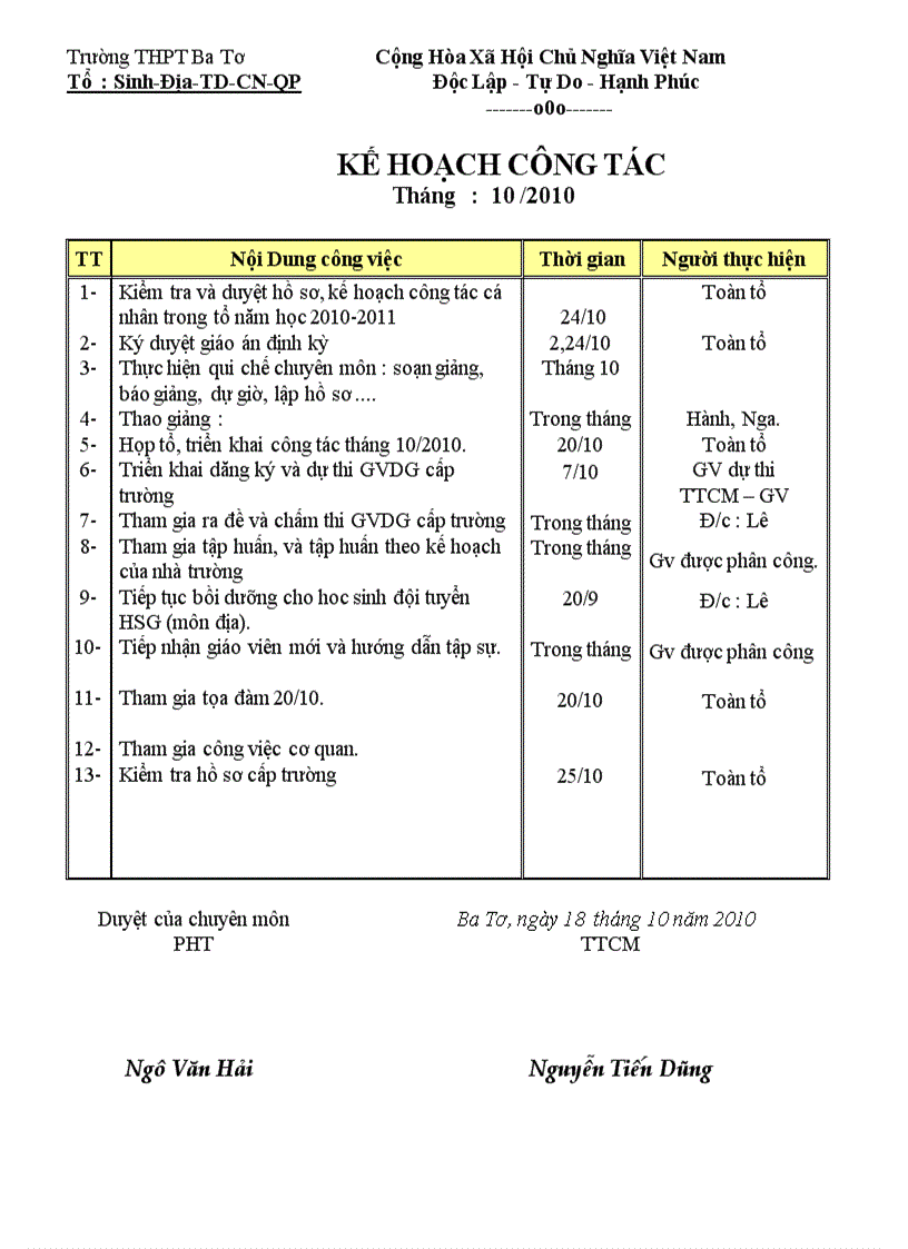 Kế hoạch công tác tháng 10 2010