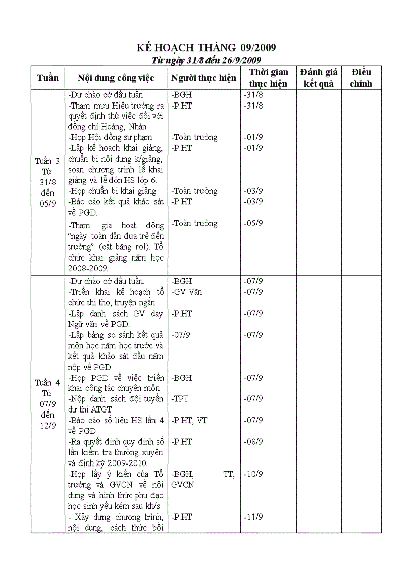 Kế hoạch P HT tháng 9