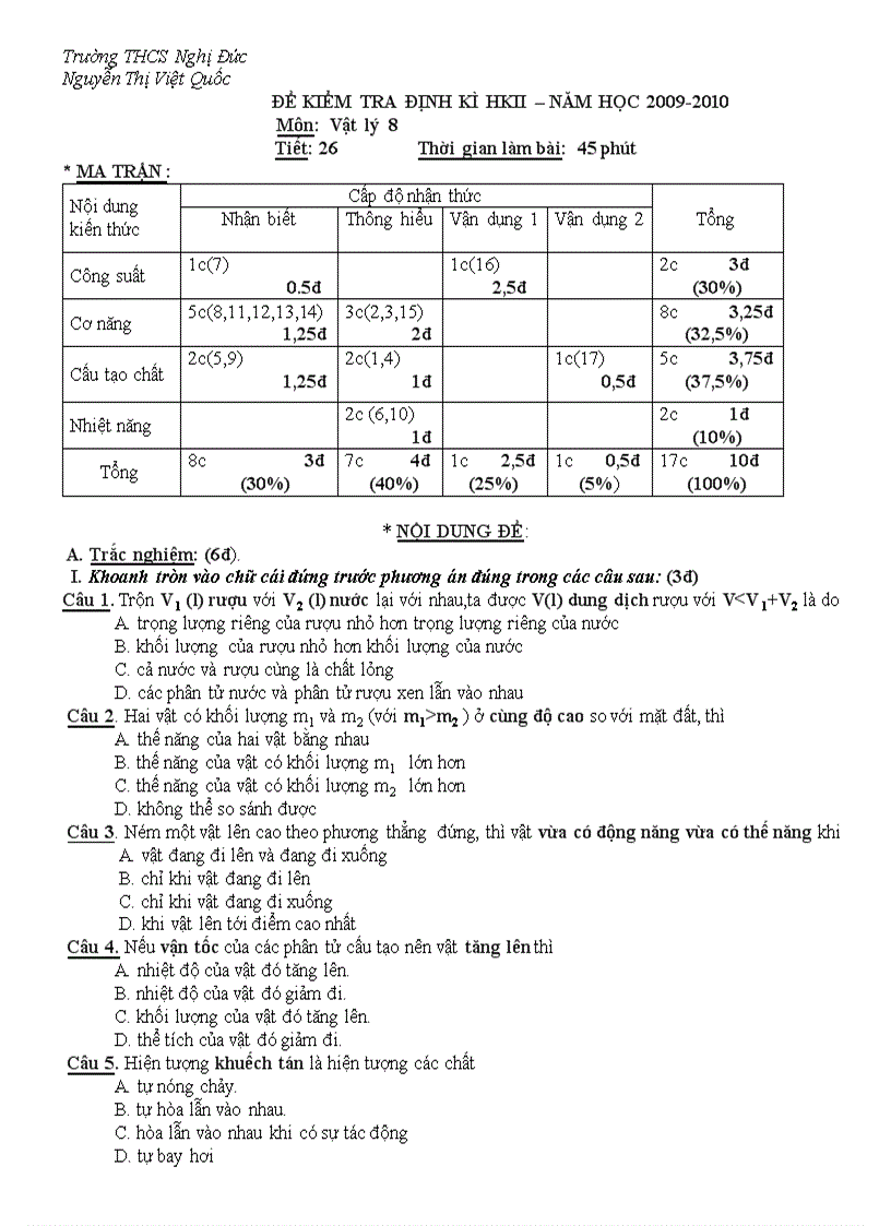 KTDK lý 8 Tiết 26 HKII