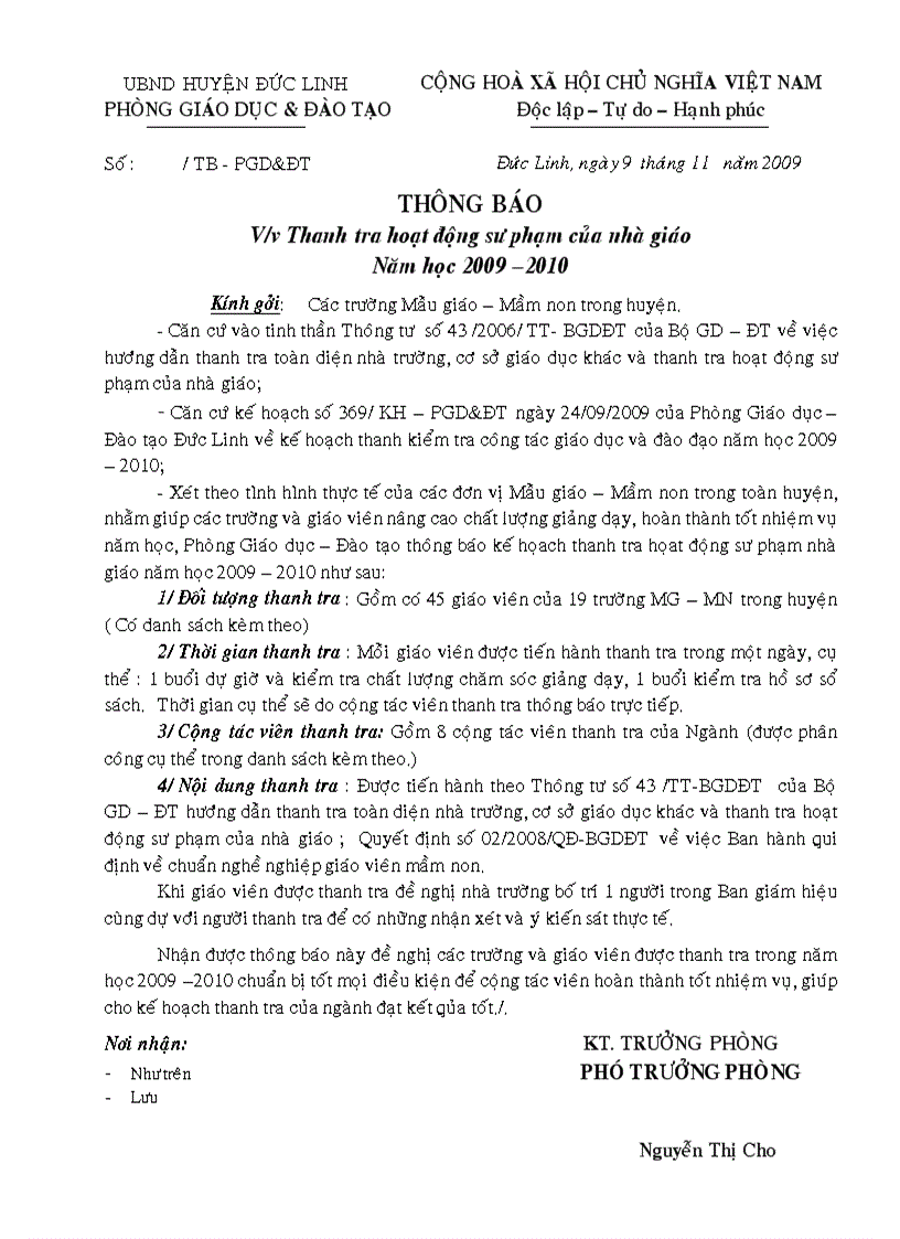 Kế hoạch thanh tra hoạt động sư phạm nhà giáo