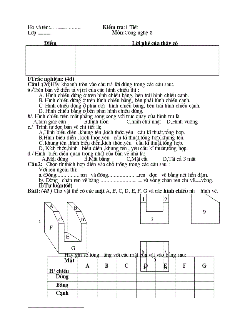 Kiểm tra công nghệ 8 1 tiết v3