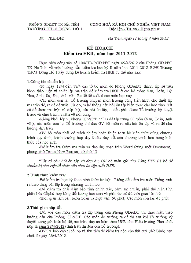 Kế hoạch kiểm tra HKII năm học 2011 2012