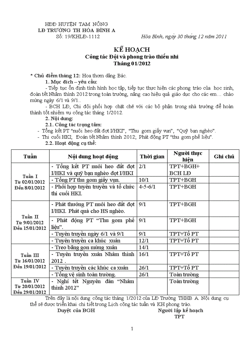 Kế hoạch công tác đội tháng 1